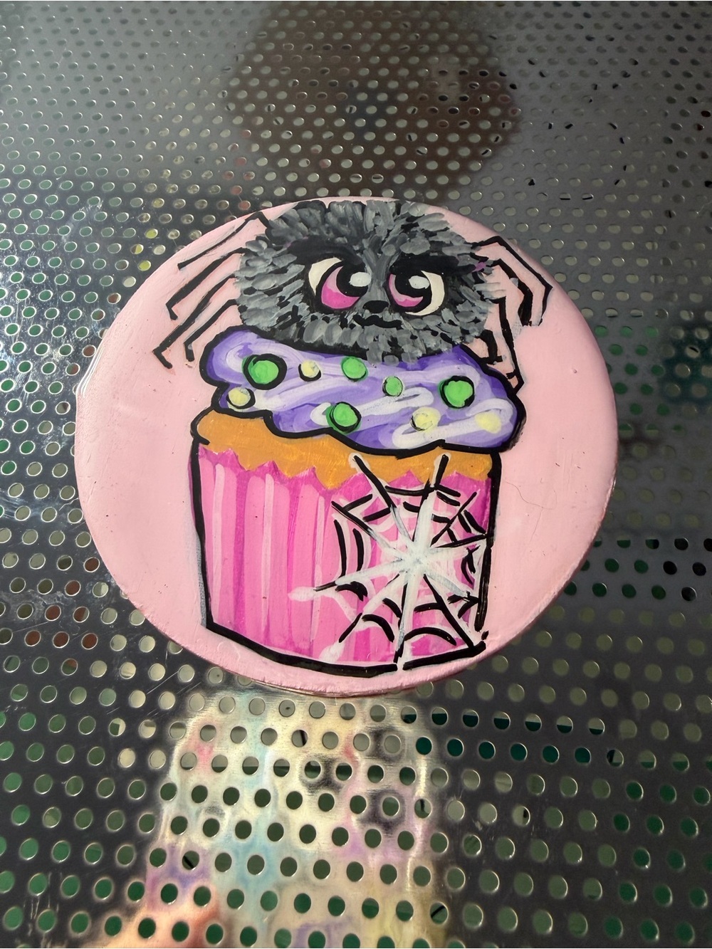 Custom hand painted Pink Spider Cupcake Coaster - Cute Halloween Party Decor